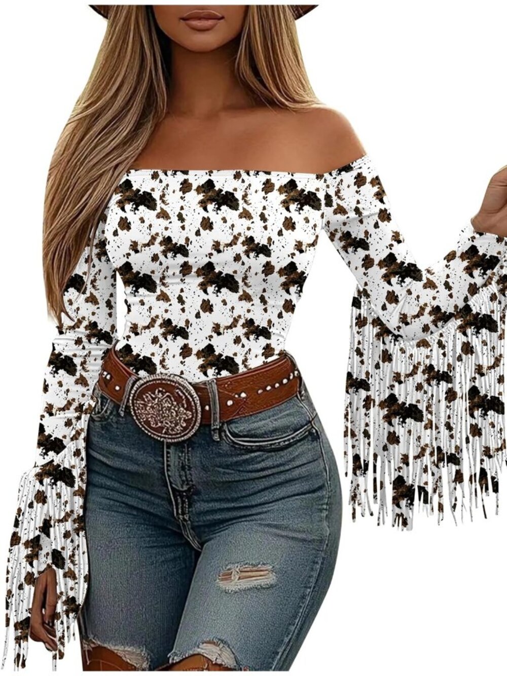 Women's Cow Stretchy Crop Off Shoulder Concert Cowgirl Fringe Tassel Blouses